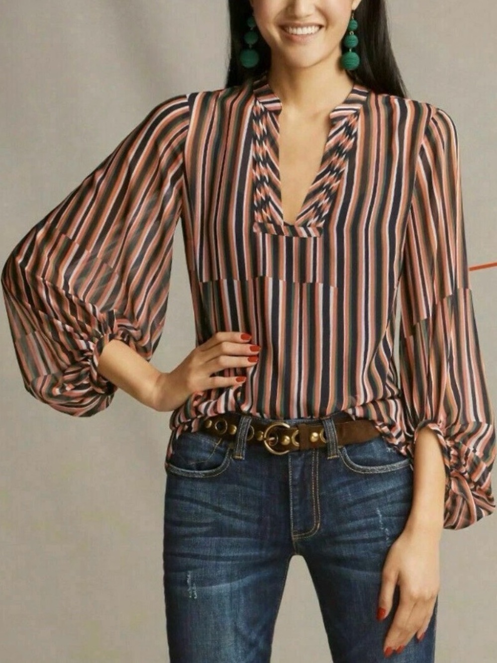 CAbi Ultimate Striped V-Neck Blouse Bishop Sleeves Semi Sheer Women’s Large